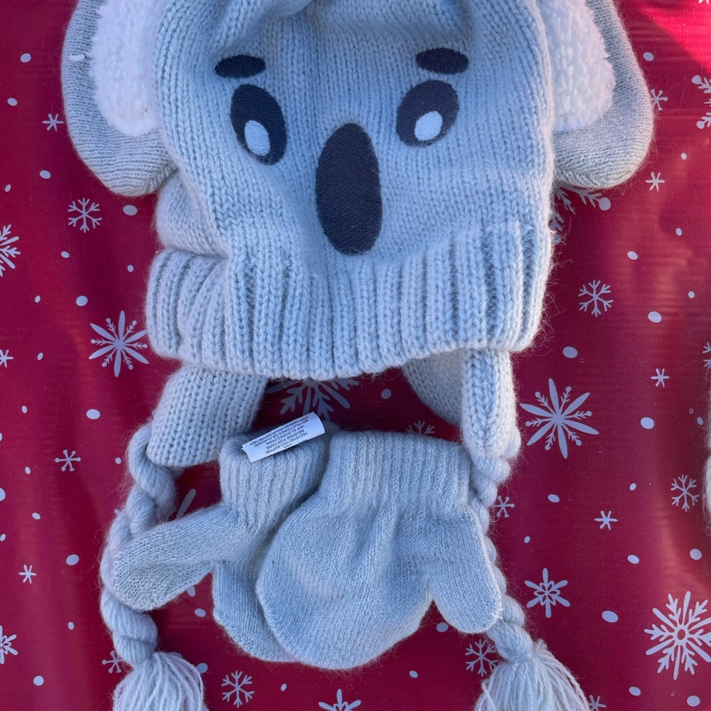 Gray Koala Knit Hat and Mittens Set